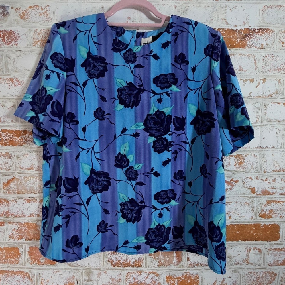 Michele Michelle Blouse Womens 12 Blue Floral Stripe Vintage Short Sleeve Top